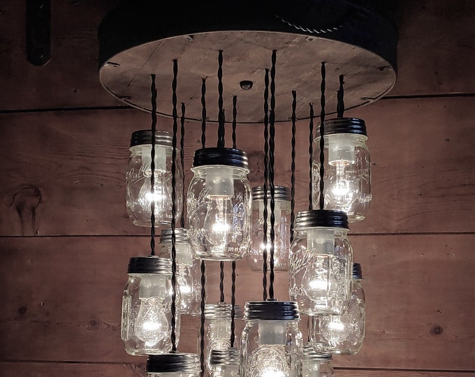 FARMHOUSE Ceiling Light Fixture: Chandelier Flush Mount Fixture 16 Mason Jar Chandelier rustic handcrafted Galvanized Metal & weathered wood