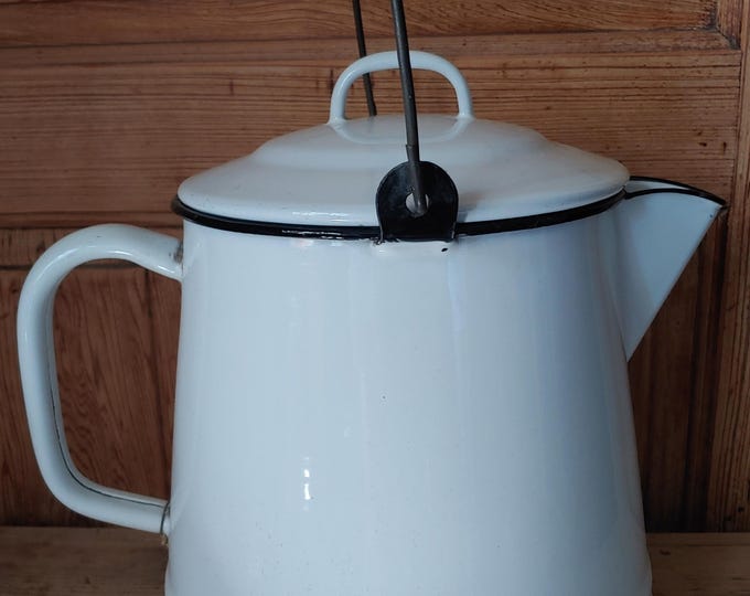 Vintage Kettle Large White & Black Enamelware/Porcelain Kettle Cowboy Coffee Pot with Wire Bail Handle Farmhouse Decor Camping Kettle 12"H