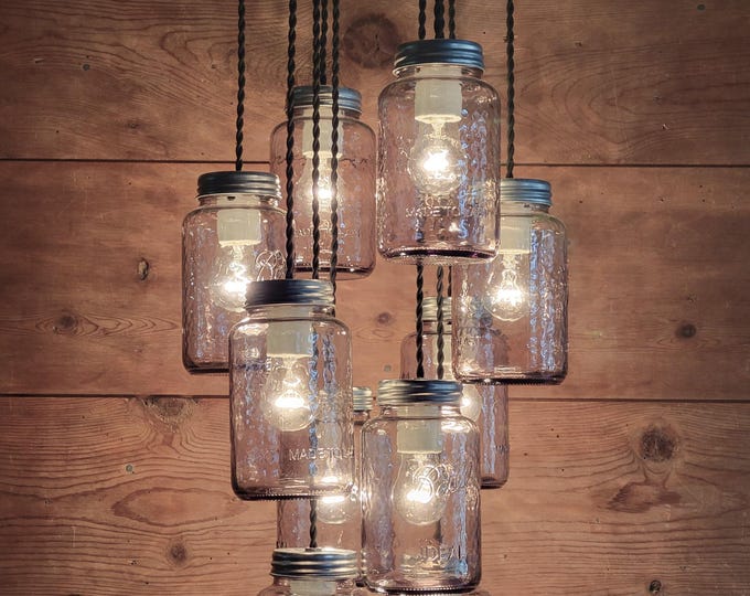 Pink/Rose Glass Jar Chandelier: Brushed Nickel Ceiling mount Kitchen or Dining Room Light Fixture