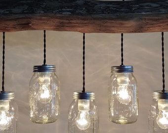 Rustic Log Cabin Chandelier: Mason Jar Farmhouse Light, Handcrafted Ceiling Fixture-Light Bar OLD WOOD LOG/Tree Branch w/ 5 Mason Jars