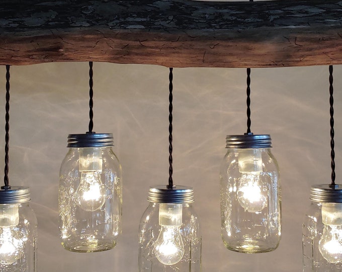 Rustic Log Cabin Chandelier: Mason Jar Farmhouse Light, Handcrafted Ceiling Fixture-Light Bar OLD WOOD LOG/Tree Branch w/ 5 Mason Jars