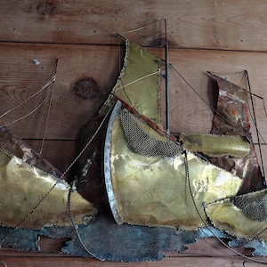 Vintage Brutalist Ship/Sailboat Wall Sculpture 3D Art London Productions of Calif Inc. Copper & Brass Wall Art 41"L Abstract Ship Art