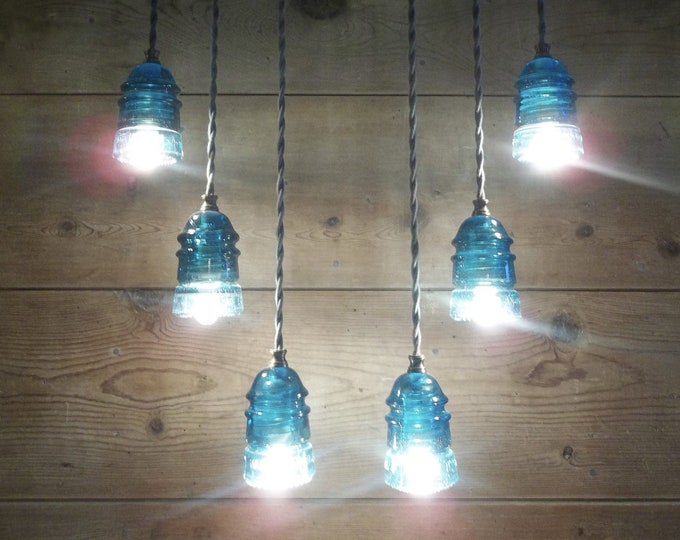 Vintage Telegraph Glass Insulator Chandelier/Light Fixture: Farmhouse Chicken Feeder Light w/6 glass insulator lights
