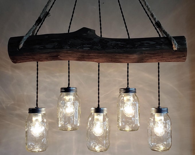 Rustic Log Cabin Chandelier: Mason Jar Farmhouse Light, Handcrafted Ceiling Fixture-Light Bar OLD WOOD LOG/Tree Branch w/ 5 Mason Jars