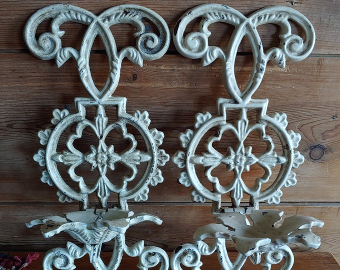 Vintage Cast Iron Wall Sconce 15"H fold up/down Candle holder, Plant Holder Heavy, Scrollwork Set/2 Ornate Shabby Chic Sconces-Distressed