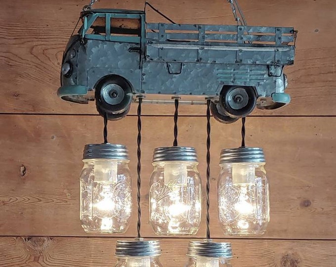 VW Bus Mason Jar Chandelier: Vintage style Galvanized mini-Metal market Truck Light Fixture (looks like the VW BUS) w/5 mason jar lights