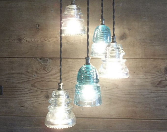 Vintage Glass Insulator fixture: Rustic Farmhouse Light Authentic Glass Insulator 5 VINTAGE Aqua and Clear 8" ceiling mount