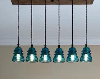 Reclaimed Barn Wood Chandelier: Vintage Glass Insulator Light, Handcrafted BARNWOOD ceiling mount box chandelier/light bar/light fixture.
