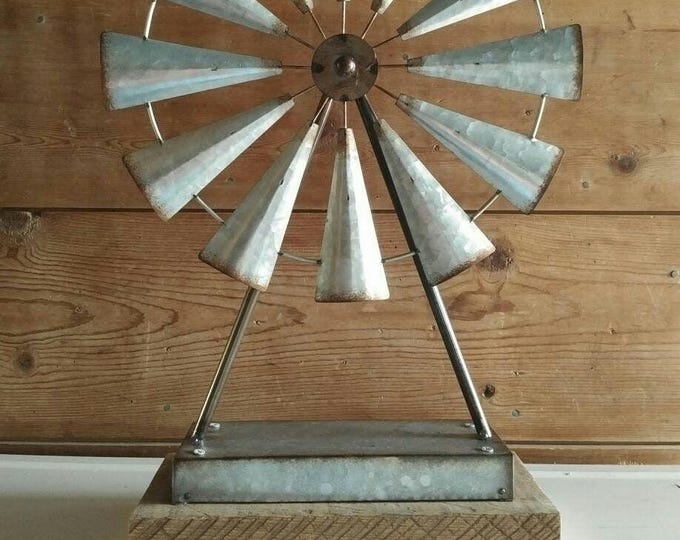 Galvanized Windmill Large Tabletop Windmill Barn Wedding Decor farmhouse Metal Windmill on reclaimed barn wood base Windmill Spins 21 1/4"H