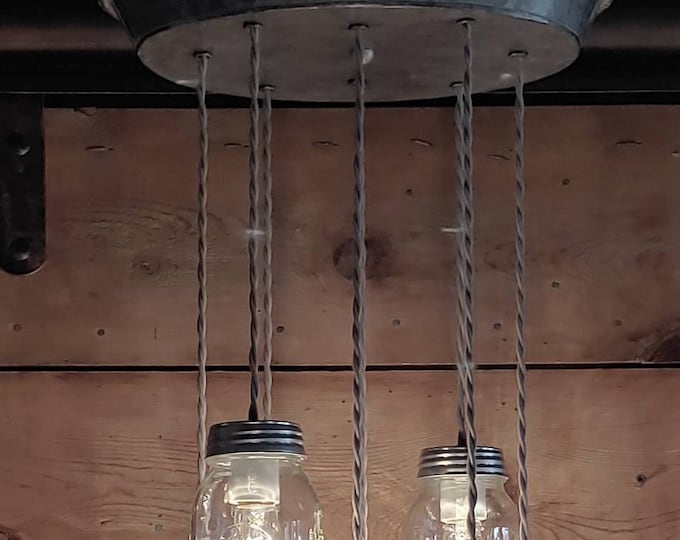 Mason Jar Chandelier: Rustic Farmhouse Light Fixture with 8 Ball mason jar lights & oval Galvanized Plate ceiling mounted fixture