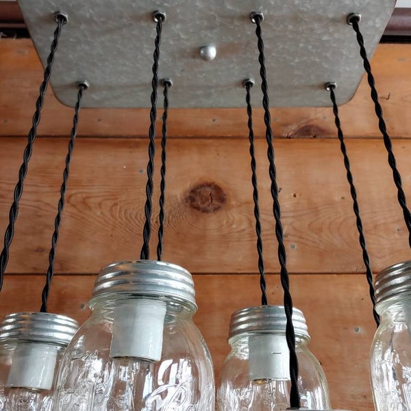 Country Farmhouse Chandelier Galvanized Metal Ceiling Mount 16"L x 8"W Mason Jar Ceiling Light Fixture 8 Jar Light  Choose Wire color & jars