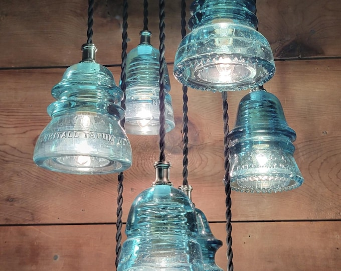 Vintage Glass Insulator Chandelier: Brushed Nickel Metal Kitchen or Dining Room Light Fixture-Double Ring ceiling mount 24"L