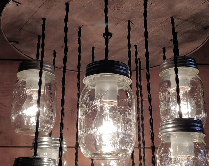 FARMHOUSE Ceiling Light Fixture: Chandelier Flush Mount Fixture 16 Mason Jar Lights rustic handcrafted Galvanized Metal & weathered wood