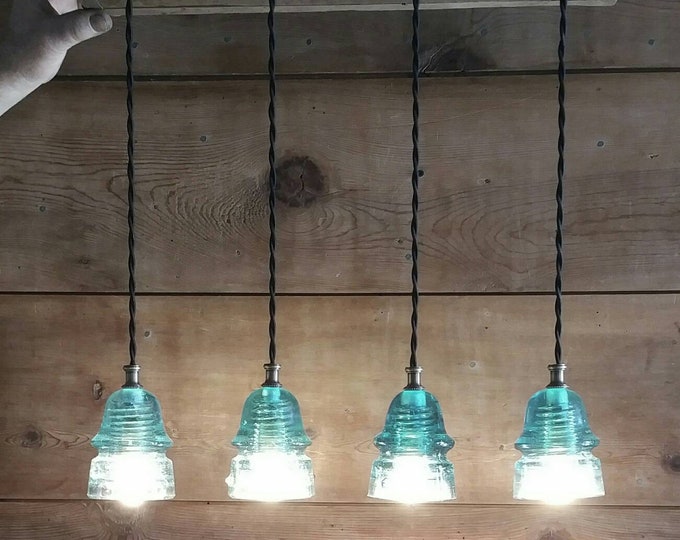 Handcrafted VINTAGE Glass Insulator chandelier: Old Beautiful Reclaimed Barn wood & 4 authentic glass insulator pendant lights