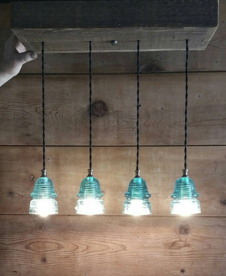 Reclaimed Barnwood Ceiling Box Chandelier Glass Insulator Light Fixture FARMHOUSE Barn Wood 4 Vintage Glass Insulator Pendant Lights