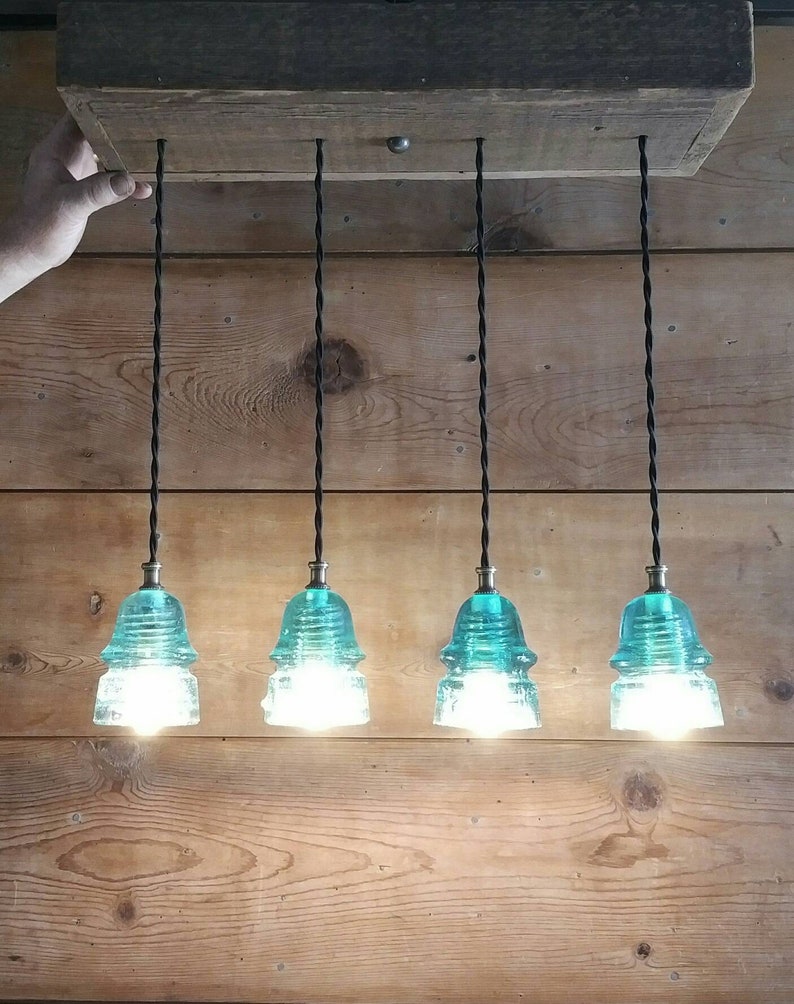 Reclaimed Barnwood Ceiling Box Chandelier Glass Insulator Light Fixture FARMHOUSE Barn Wood 4 Vintage Glass Insulator Pendant Lights
