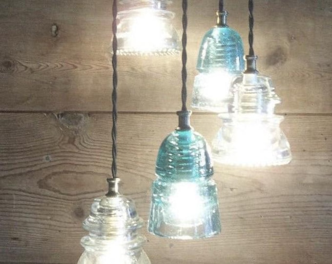 Vintage Glass Insulator fixture: Rustic Farmhouse Light Authentic Glass Insulator 2, 3 or 5 VINTAGE Aqua, Clear or a mix, ceiling mount
