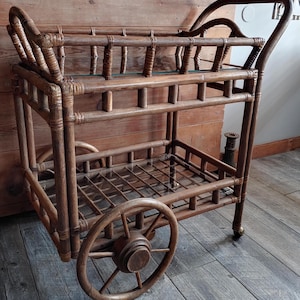 Mid-Century Rattan Beverage Rolling Bar Cart W/ Removable Serving Tray Wedding Cart, Party Drink Cart, Tea Cart NOT FREE SHIPPING