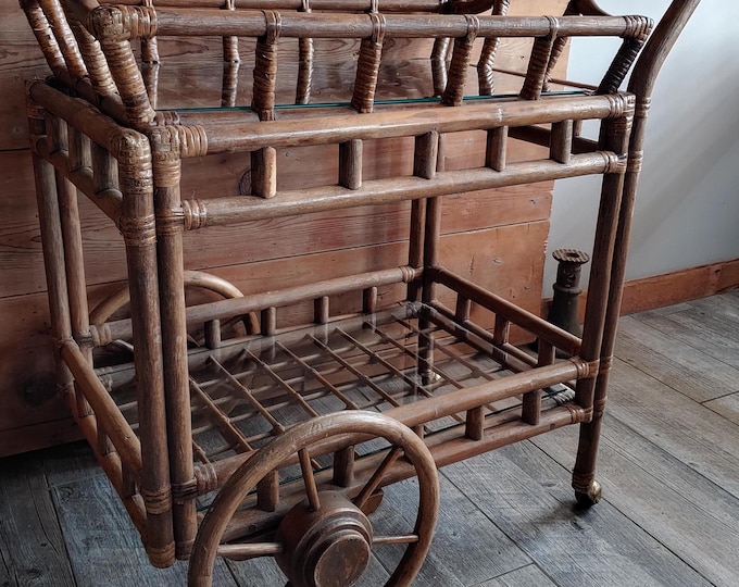 Mid-Century Rattan/Bamboo Beverage Rolling Bar Cart W/ Removable Serving Tray Wedding Cart, Party Drink Cart, Tea Cart NOT FREE SHIPPING