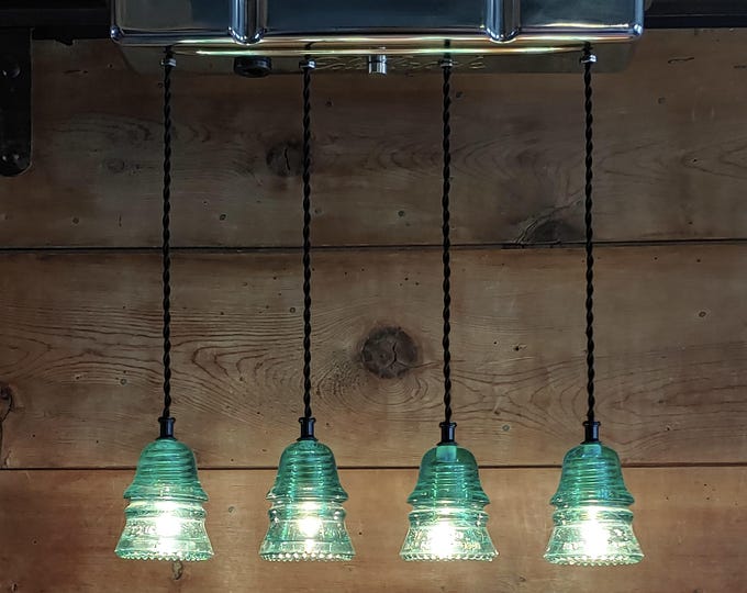 CHROME EDELBROCK Valve Cover Chandelier/Light Fixture w/ 4 authentic Glass Insulator lights hangs 20"L