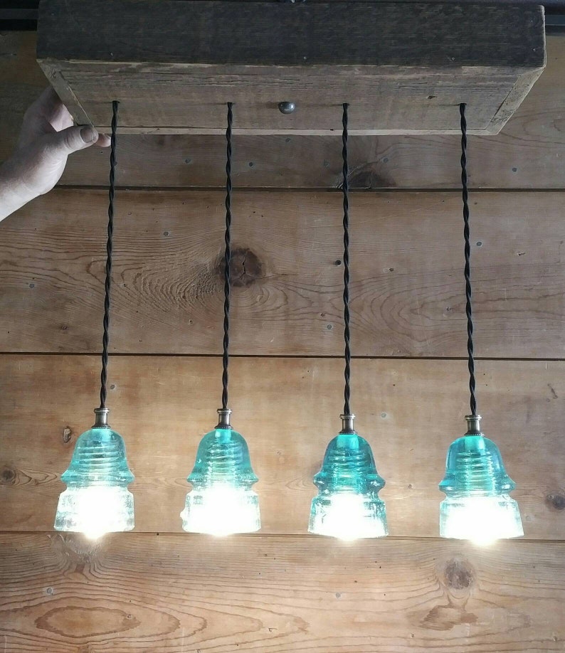 Reclaimed Barnwood Ceiling Box Chandelier Glass Insulator Light Fixture FARMHOUSE Barn Wood 4 Vintage Glass Insulator Pendant Lights