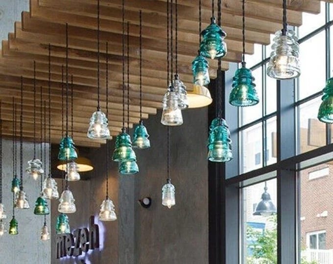Vintage Glass Insulator Pendant Light: Railroad Lighting, Reclaimed Antique Telegraph Glass