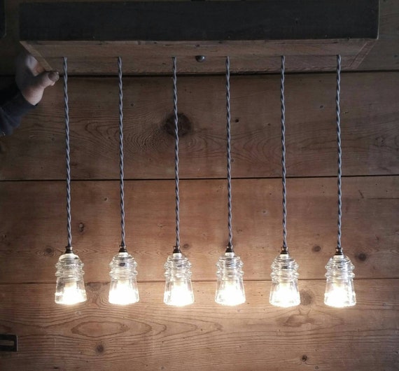 Reclaimed Barnwood Ceiling Box Chandelier Glass Insulator Light Fixture Farmhouse Barn Wood 6 Small Vintage Glass Insulator Pendant Lights