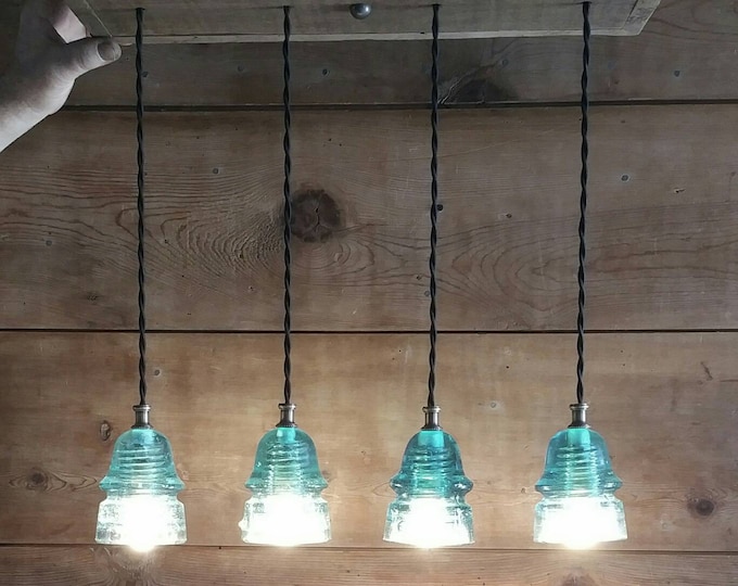 Reclaimed Barnwood Chandelier: Handcrafted light fixture, VINTAGE Glass Insulator chandelier w/ 4 authentic glass insulator pendant lights