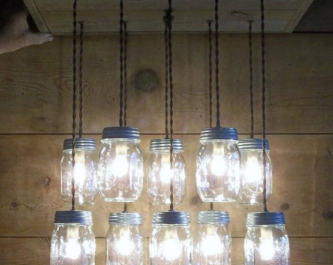 Reclaimed Barnwood Mason Jar Chandelier: Farmhouse Ceiling Light 10 or 16 MASON JAR Ceiling Light fixture, you choose options