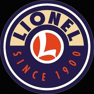 May include: Circular logo with the word "LIONEL" in white letters on a tan background, surrounded by a navy blue ring. The letter "L" is in a red circle. The words "SINCE 1900" are in orange letters around the bottom of the circle.