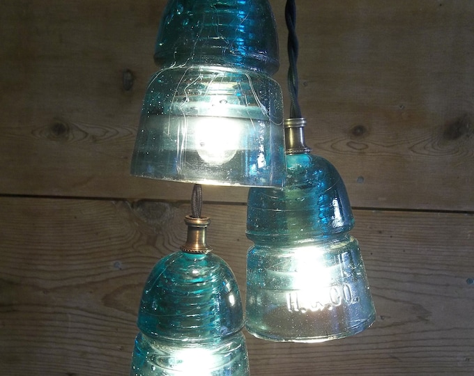 Vintage Glass Insulator fixture: Rustic Farmhouse Light Authentic Glass Insulator 3 or 5 VINTAGE Aqua, Clear or a mix of both, ceiling mount