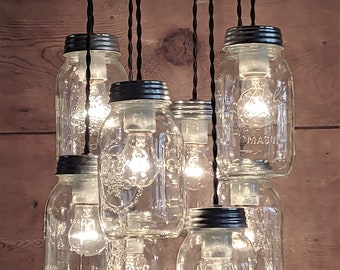 Beautiful 8 Glass Jar Light Fixture-Weathered Wood & Galvanized Metal Farmhouse, Log Cabin Country Rustic Chandelier Dining Room Fixture