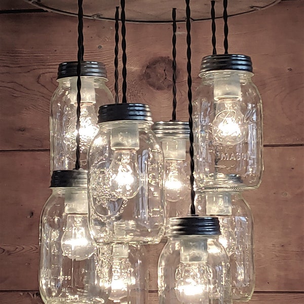 Beautiful 8 Glass Jar Light Fixture-Weathered Wood & Galvanized Metal Farmhouse, Log Cabin Country Rustic Chandelier Dining Room Fixture