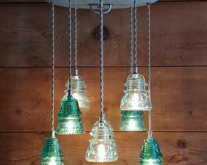 Vintage Glass Insulator Chandelier:  Farmhouse Vintage Enamelware Ceiling plate with 8 Vintage Glass Insulator Lights