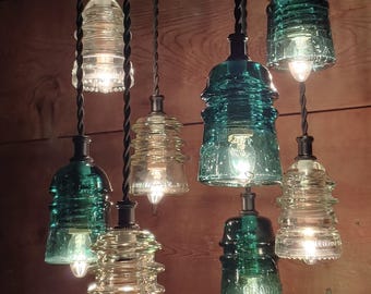 GAMER Light Fixture Vintage Glass Insulator Chandelier GAMER ZONE Ceiling Mount 8 Hanging lights