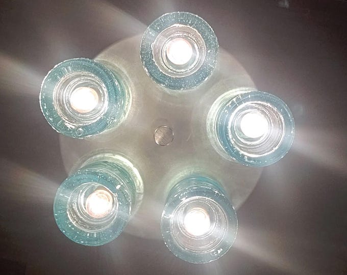 Glass Insulator Ceiling Light, Kitchen, Hall, Laundry room, 8" Steel ceiling plate w/5 aqua/ice/mint glass authentic insulators