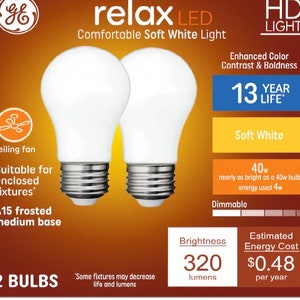 May include: Two GE relax LED light bulbs with a frosted A15 medium base. The bulbs are described as soft white and suitable for enclosed fixtures. The packaging indicates a 13-year life and 320 lumens of brightness.