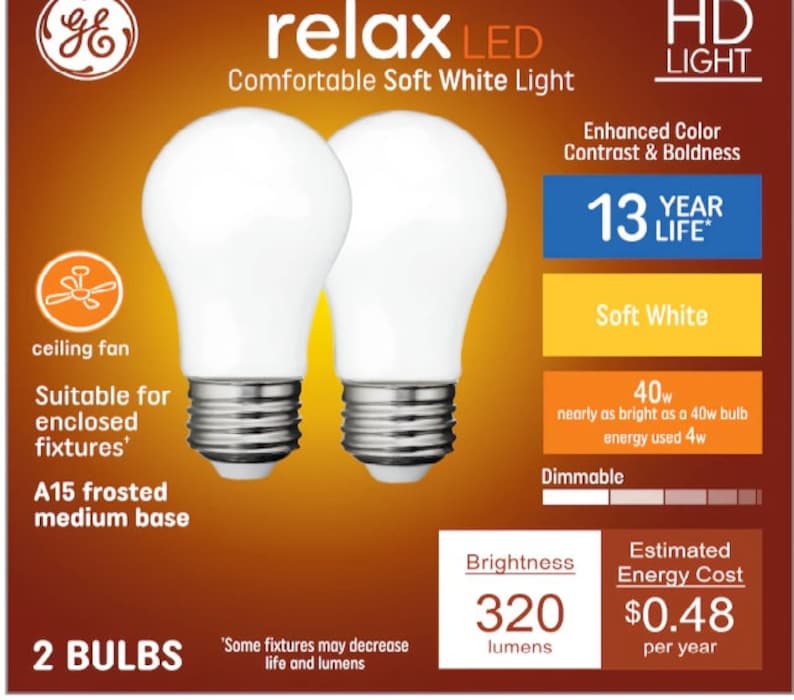 May include: Two GE relax LED light bulbs with a frosted A15 medium base. The bulbs are described as soft white and suitable for enclosed fixtures. The packaging indicates a 13-year life and 320 lumens of brightness.