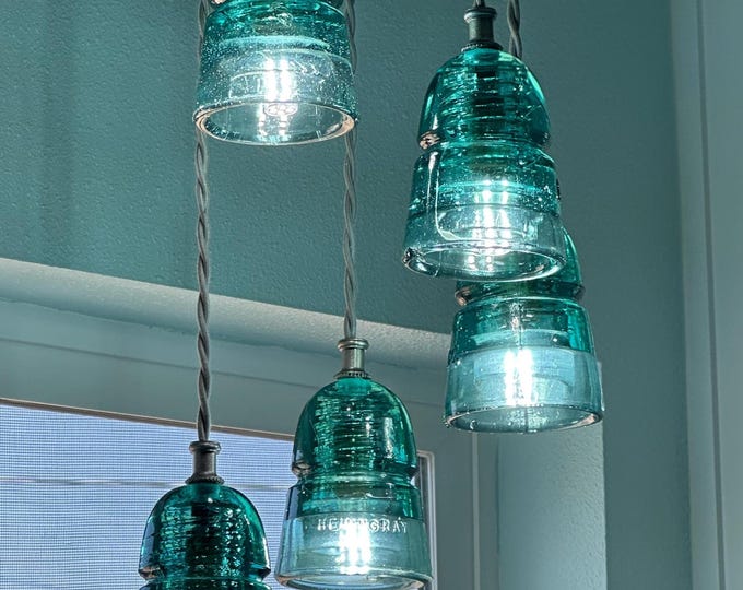 Authentic Vintage Glass Insulator fixture: Rustic Farmhouse Light 3 or 5 Lights, Aqua, Clear or a mix of both, ceiling mount