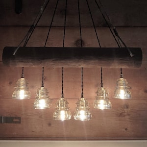 Rustic Wood Log Chandelier: Vintage Glass Insulator Light Fixture Handcrafted Ceiling Light OLD wood log-tree branch w/6 lights