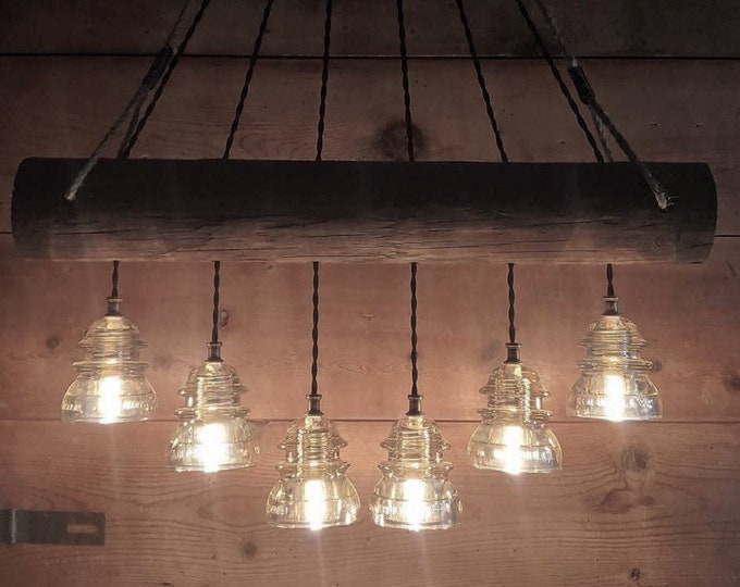 Rustic Wood Log Chandelier: Vintage Glass Insulator Light Fixture Handcrafted Ceiling Light OLD wood log-tree branch w/6 lights