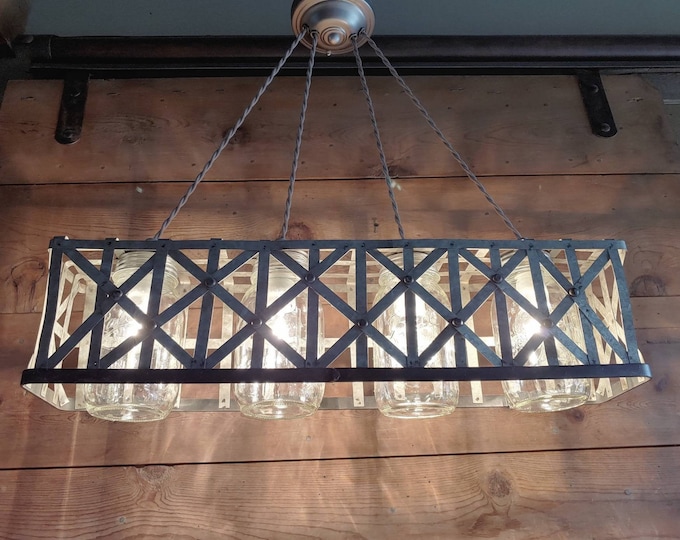 Country Farmhouse Chandelier Mason Jar Ceiling Light Fixture LONG Metal Basket Light Ceiling Mount Light 4 Light