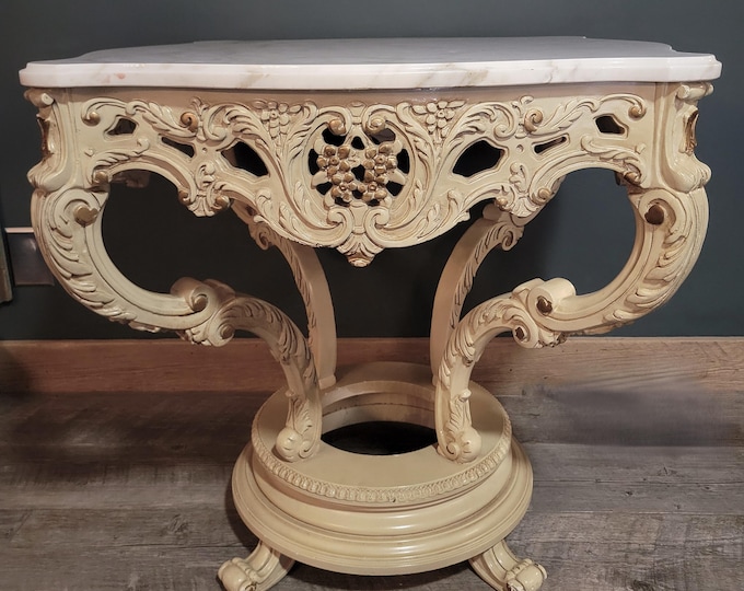 Regency Hollywood style Wood Carved-Marble Top Wall/Side/Center Table, Rococo-Giltwood-French Louis XV style (NO SHIP!!)