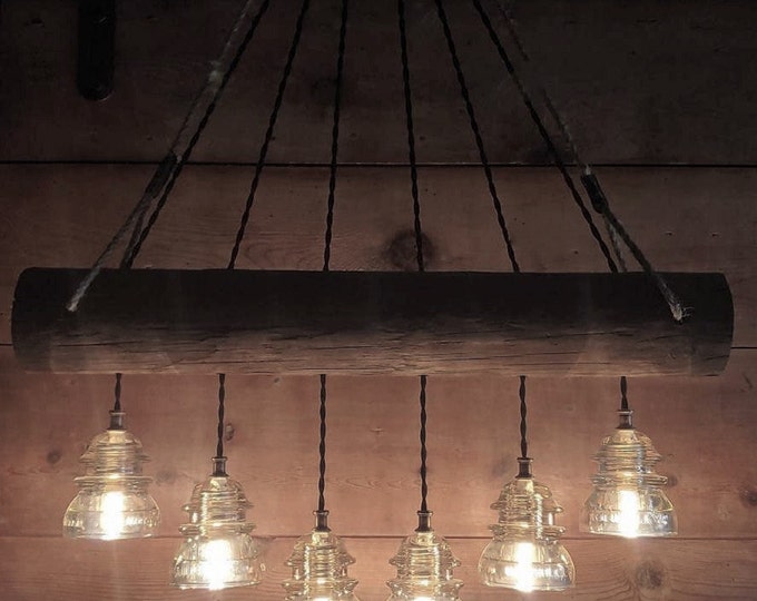 Rustic Wood Log Chandelier: Vintage Glass Insulator Light Fixture Handcrafted Ceiling Light OLD wood log-tree branch w/6 clear/aqua lights