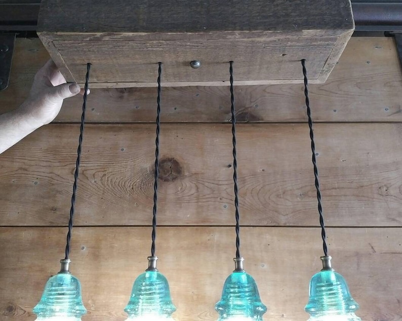 Reclaimed Barnwood Ceiling Box Chandelier Glass Insulator Light Fixture FARMHOUSE Barn Wood 4 Vintage Glass Insulator Pendant Lights