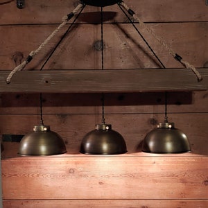 Rustic Railroad Cross Arm Chandelier: 3 Antique Brass Dome Lights, Farmhouse Rustic Log Cabin light fixture
