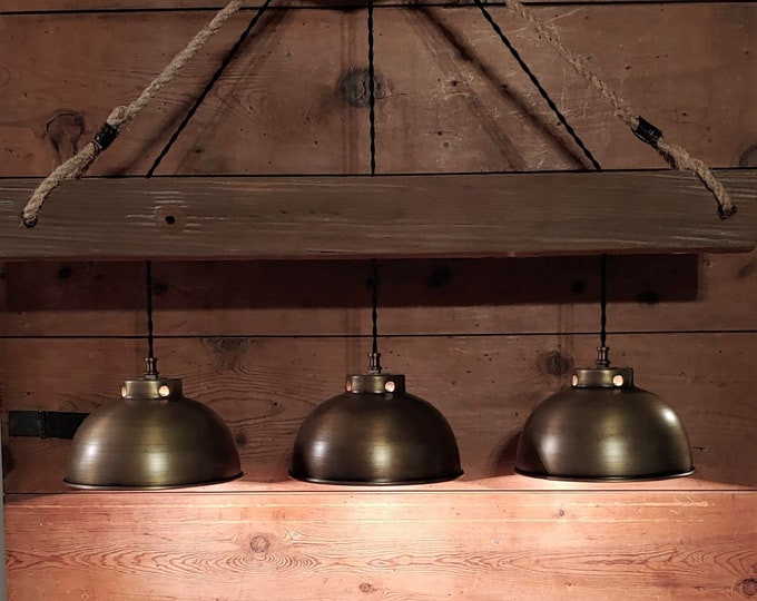Rustic Railroad Cross Arm Chandelier: 3 Antique Brass Dome Lights, Farmhouse Rustic Log Cabin light fixture