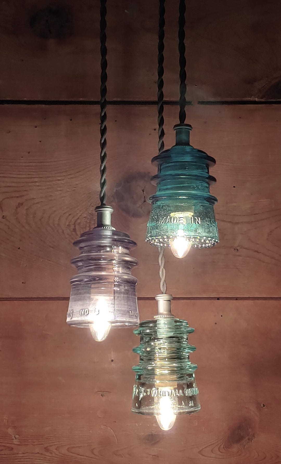 Vintage Glass Insulator Triple Pendant Chandelier-5