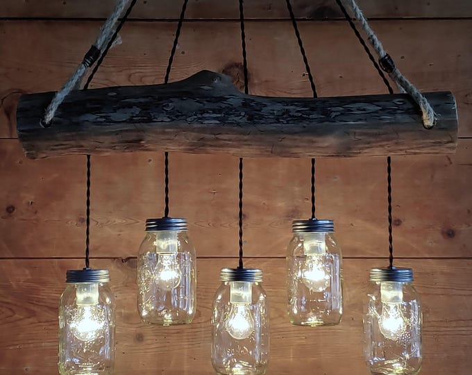 Rustic Log Cabin Chandelier: Mason Jar Farmhouse Light, Handcrafted Ceiling Fixture-Light Bar OLD WOOD LOG/Tree Branch w/ 5 Mason Jars