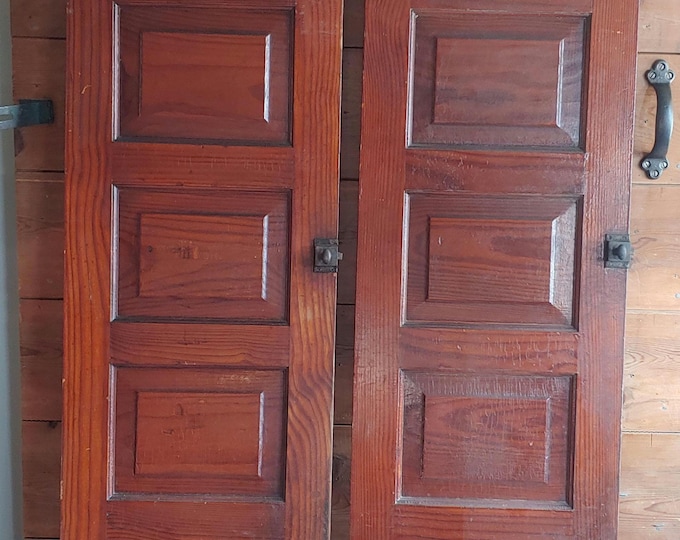 Antique Solid Wood Pantry Doors: Victorian Era Large 5-Panel Salvaged Pantry/Cabinet Set, 66 in with original hardware as shown